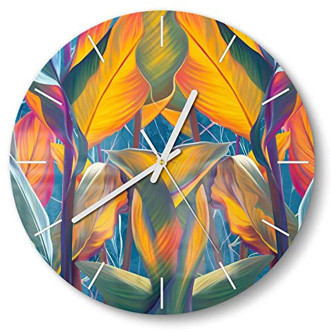 DEQORI Glasuhr | rund Ø 30 cm | Motiv Exotisches Blättermeer | ausgefallene leise Design Uhr aus Glas | Wanduhr für Wohnzimmer & Küche | Moderne Hingucker Uhr für die Wand