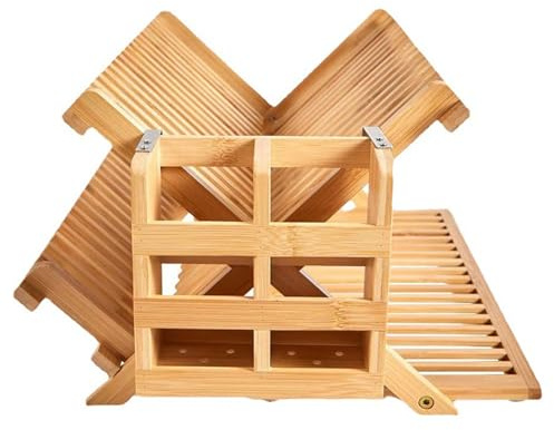 Olioeiao Bamboo Dish Drying Rack for Kitchen - Collapsible 3-Tier Wooden Folding Drainer with Utensil Holder and Dish Strainer Board for Countertop, Sink, and Racks Dryer (Natural)