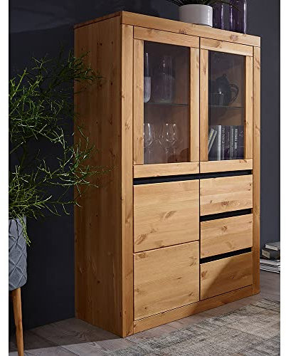 Lomadox Highboard Schrank Vitrine Standvitrine Vitrinenschrank Massivholz Kiefer massiv eichefarbig 94,5x150x42 cm