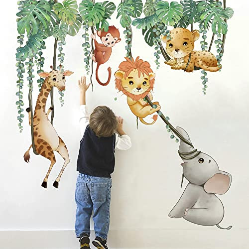 Runtoo Wandtattoo Safari Tiere Baby Hängende Pflanzen Wandsticker Elefant Löwe Giraffe Palmen Blätter Wandaufkleber Kinderzimmer Babyzimmer Mädchen Junge Wanddeko