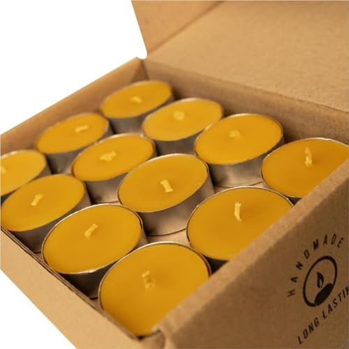 Set de 48 Bougies Chauffe-Plat en 100% Pure Cire d'abeille - Bougies Chauffe-Plat sans Fumée avec Mèche en Coton - Cadeau pour les Amateurs de Bougies sans Parfum - Set of 48 Tealight Candles