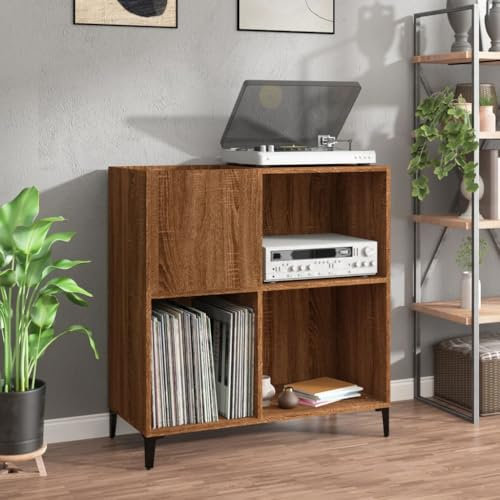 Prissent Meuble Porte-disques 84,5 x 38 x 89 cm en Bois Multicouche - Étagère pour CD, Vinyle - Armoire Multi-usages, Buffet, Meuble TV - Chêne Marron
