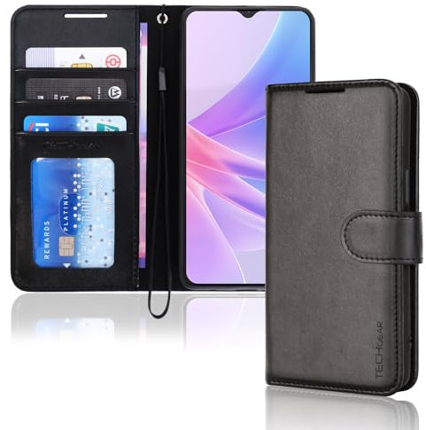 TECHGEAR Leather Wallet Case for Oppo A78 5G Flip Protective Case Cover with Wallet Card Holder, Stand & Wrist Strap - Black PU Leather with Magnetic Closure