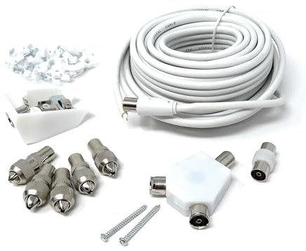 15m TV Cable Extension DIY Kit Coaxial Cable, 5 x Coaxial Plugs, 1 x Coaxial Couple, 1 x 2 Way Splitter, 1 x Coaxial Surface Mount Socket and 50 Cable Clips,