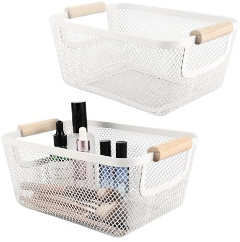 2 PCS Metallkorb Kleine Größe 24x17.5x11CM White Weiß Drahtkörbe mit Holzgriff, Multifunktionaler Obstkorb Aufbewahrungsorganizer Für Küche Duschraum Picknick