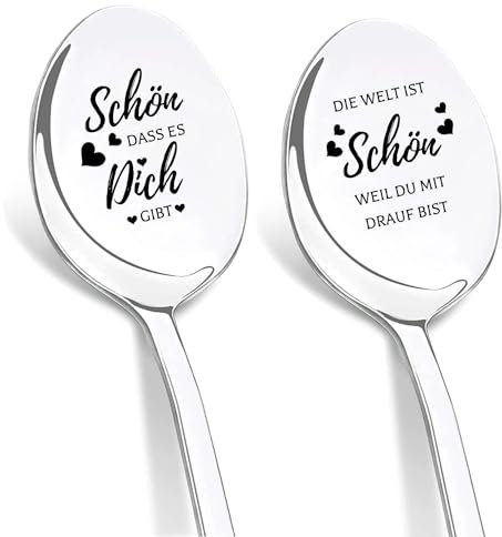 DIKARIYA Schön dass du da bist Geschenke, 2er Kaffeelöffel mit Gravur, Geburtstagsgeschenke für Frauen, Kleines Dankeschön Geschenke Hochzeit für Männer Freundin Kollegin Erzieherin Lehrerin Hebamme