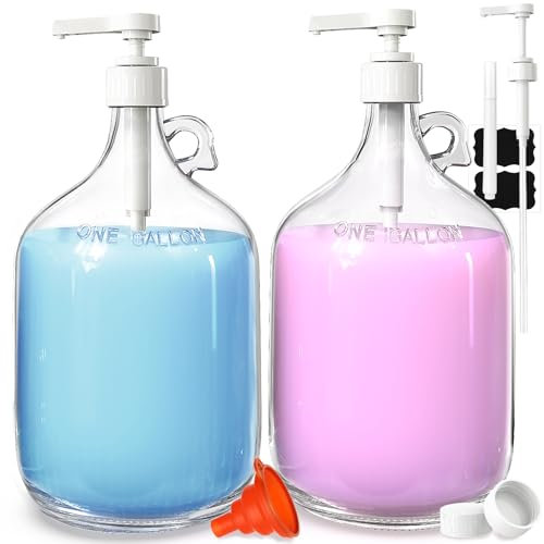 2 Pack Gallon Glass Pump Bottle Dispensers with 3 Pumps and 2 Airtight Lids, Laundry Soap Dispensers with 1 Funnel, Liquid Laundry Detergent Dispensers for Fabric Softener, Shampoo, Body Wash