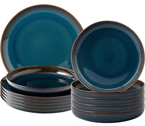 like. by Villeroy & Boch - Crafted Denim Tafelservice 12-teilig, Speiseteller (25,9 cm) und Suppenteller (21,9 cm) mit Reaktivglasur, Premium Porzellan, Blau