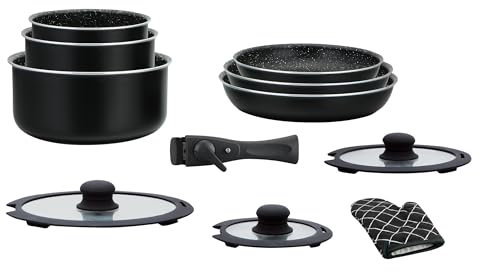 HAGEN, Batterie de cuisine revêtement pierre, Manche amovible, 11 pièces, Noir, Revêtement anti-adhésif, Tous les types de feux, y compris l'induction, HA5026-BLK