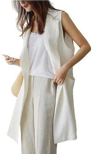 RWGSNB Gilet da Donna in Lino Senza Maniche Cappotto Lungo Gilet Estivo Giacca Leggera Gilet Blazer Casual Spolverino Cardigan Gilet Canottiere con Doppia Tasca Beige L