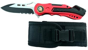 Albainox couteau sapeur pompier pliant rouge avec son étui ceinture, brise vitre, coupe ceinture, scie couteau de secours, urgence, paramedical. robuste