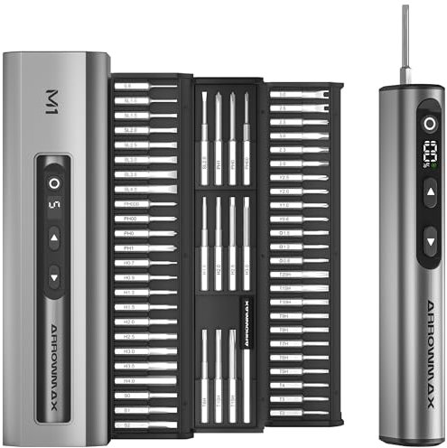 ARROWMAX 7.4V Mini Electric Screwdriver, Precision Electric Screwdriver, 60-in-1 Magnetic Bits, Max 3 N.m, 5 Torque Modes, Magnetic Storage, 5/32''Hex, Repair Tool Set for Phone Camera Laptop Watch M1