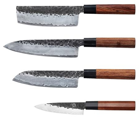 MITSUMOTO SAKARI 4 Pcs Chef Knife Set, Japanese Kitchen Knife Sets, Professional Hand Forged Kitchen Knives (Rosewood Handle & Sandalwood Box)