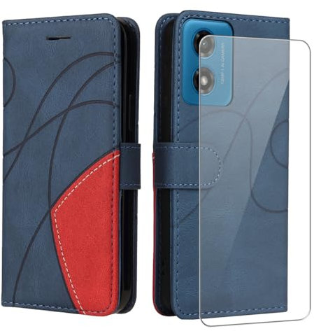 Coque pour Motorola Moto E14 avec 1 Pièces Protection Écran en Verre Trempé, Couleur Combinaison (Bleu et Rouge) PU Cuir Flip Portefeuille Housse Étui pour Motorola Moto E14