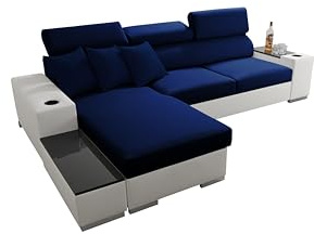 All4All Ecksofa mit Schlaffunktion Sante Mini 274x170 cm - Sofa mit Bettkasten - Schlafsofa L-Form - Eckcouch - für 3 Personen - Blau - Seite Links - Amor Velvet 4314 mit Kunstleder weiß 26