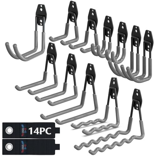 3-H Heavy Duty Garage Hooks, Utility All-Steel Storage Hooks with Anti-Slip Coating, Reinforced Welding Wall Mount Hooks for Hanging Ladders, Lawn Mower, Hose, Garden Tools, Grey, 14 PC