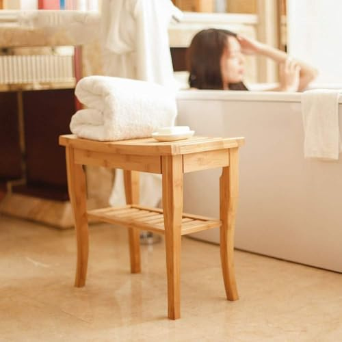 SogesPower Banc Tabouret de Salle de Bain en Bambou antidérapant et imperméable avec 2 Niveaux pour Salle de Bain