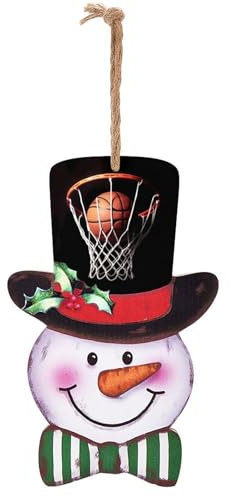 Christmas Snowman Wooden Sign, Basketball Print Festive Hanging Board for Home Decor, Front Door Ornament, Holiday Decoration