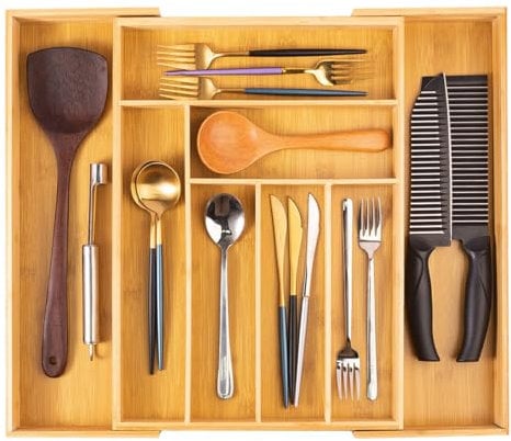LiangYuanZen Range-couverts en bambou de luxe pour tiroirs, extensible, 33 à 52 x 43 x 5 cm, 6 à 8 compartiments, organisateur de couverts, organisateur de tiroir pour cuillères, fourchettes