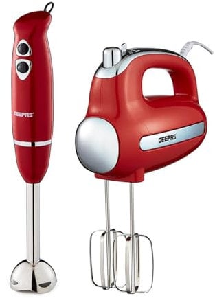 Geepas Hand Blender & Hand Mixer Kitchen Combo Set | 300W Electric Whisk, Handheld Food Collection Cake Mixer & 400W Immersion Stick Blender | Stainless Steel Beaters & Dough Hooks Included | Red