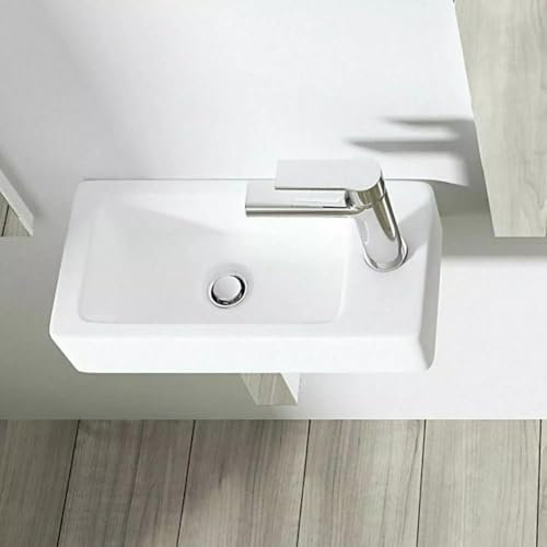 Modern Small Bathroom Sink Wall Hung, Ceramic Rectangle Cloakroom Basin, Compact Hand Wash Small Bowl Right Hand Tap Gloss White