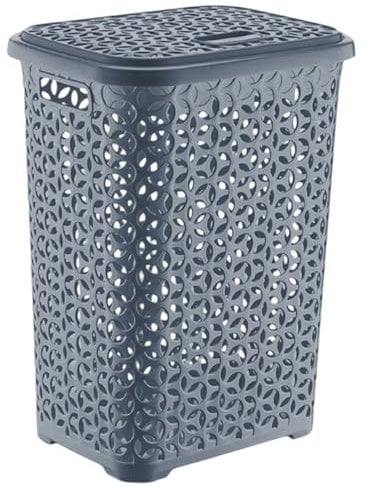 Best House | Plastic Laundry Basket With Lid | 60 Liters | GREY | 1 Pc | Large | Rattan Style | Clothes Storage Washing Bin Basket Hamper for Bathroom Bedroom (Pack of 1)