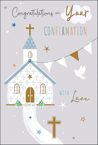 Jonny Javelin Confirmation Day Congratulations Card - Confirmation Congratulations Card with White Dove and Church Design and Embossed Foil Details