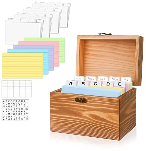 Wood 3x5 Index Card Holder Box Set with 100 Flash Cards and 30 Dividers | Notecards Box with 1 Blank Sticker and 1 Letter Sticker, for Business Organizer, Study Records, Recipe Storage, Home Office