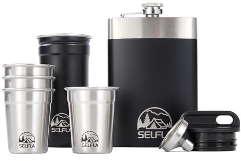 SELFLA Shot Glass and Hip Flask Set, 7 Piece Camping Set with Ball Shaped Glasses and Bottle, BPA Free, Stackable, Space Saver, Dishwasher Safe, Ideal for Parties, Camping & Gift