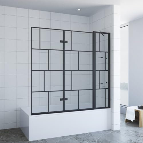 AQUALAVOS Duschwand für Badewanne schwarz faltbar 150x140cm 3 teilig 5 mm Nano ESG mit Duschablage Klarglas Hebe-Senkmechanismus