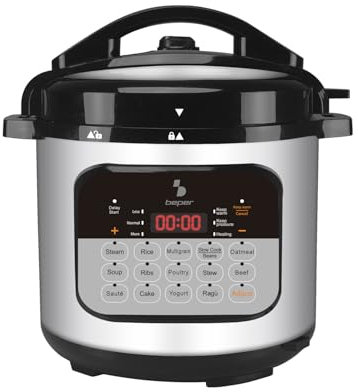 BEPER P101COS002 Pentola Multicooker a Pressione 6 Litri,15 Programmi di Cottura, Slow Cooker, Timer 24h, 3 Livelli di Pressione, Funzione Mantenimento Caldo, 10 Sistemi di Sicurezza,1000W