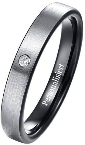 NUNCAD Personalisiert 4mm Wolfram Ring Damen Einfache Eheringe mit Zirkon Schwarz Grau Zweifarbiger Paarringe Größe 54.4(17.3)
