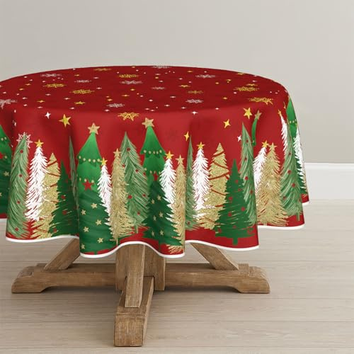 Artoid Mode Rot Bäume Schneeflocken Weihnachten Rund 140 cm Tischdecke | Sterne Xmas Winter Fleckschutz Tischwäsche Küche Dekoration Party Dekor