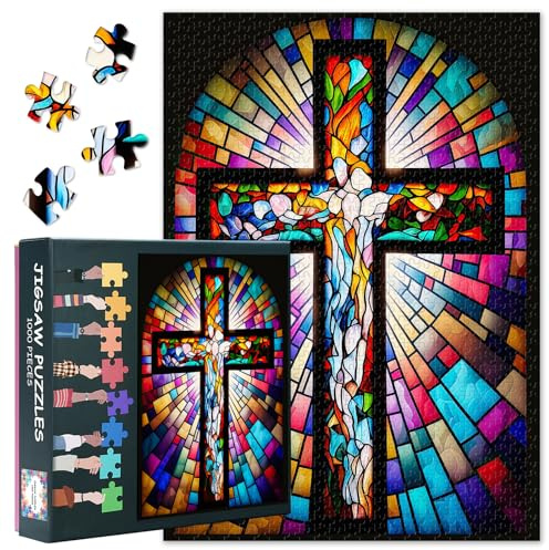 Buntglas Kreuz 1000 Teile Puzzle Erwachsene, Jesus Christus Kunst | Christlich Herausforderndes Rätsel, Lernspiele die Ganze Familie, Lebendige Farben, Einzigartiges Geschenk, 70 x 50 cm
