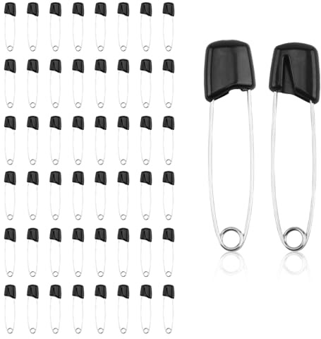 50 Stück Extragroß Baby Sicherheitsnadeln Groß 55mm, Sicherheitsnadeln Safety Pins mit Verschluss, Sicherheitsnadel Edelstahl mit Kunststoffverschluss Safety Pins für Windeln Kleidung Röcke, Schwarz