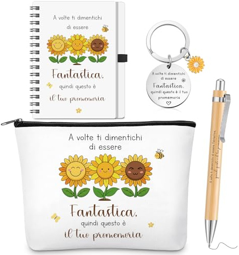 Xuniea Lot de 4 Cadeaux Inspirants Trousse à Maquillage Tournesol Carnet à Spirale Porte-Clés avec Stylo à Bille Cadeaux de Noël d'Anniversaire et de Thanksgiving pour Enseignants et Collègues
