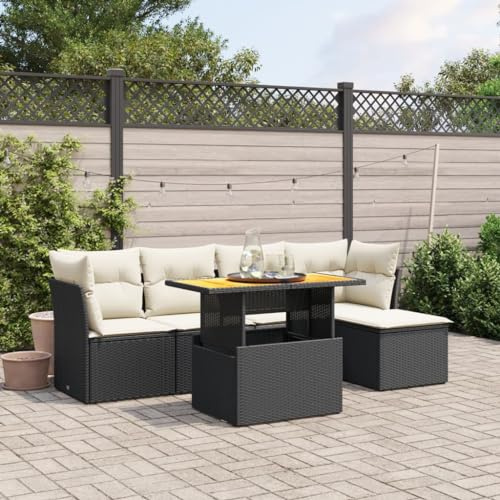 Teenpull 6-TLG. Garten-Sofagarnitur Schwarz aus Poly Rattan, Verstellbarer Tisch, UV-beständig, wetterfest, für Terrasse, Balkon, Garten, Couch