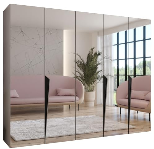 MEBLE KRYSPOL - Kleiderschrank - Garderobenschrank - 250 cm x 202 x 52 cm - Schrank mit Kleiderstange und Spiegel, 5 Türen - für Schlafzimmer, Flur - Piano, Kaschmir, Griff Schwarz