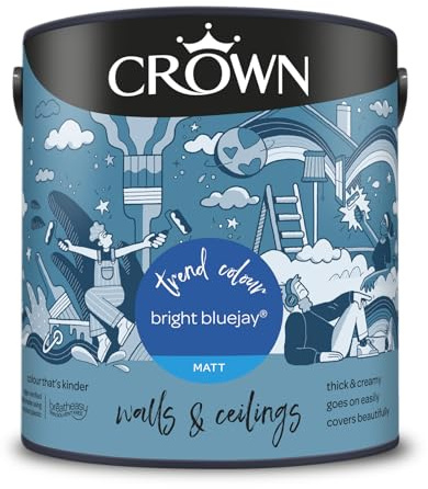 Crown Bright Bluejay® 2.5L Walls & Ceilings Matt Emulsion | Rich velvety matt in Bright Bluejay. Covers beautifully. Ideal for bedrooms & living rooms. Low VOC, low odour, vegan