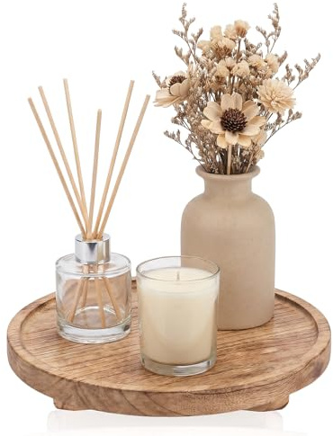 Round Decorative Wooden Candle Tray, 10 Bathroom Counter Organizer, Farmhouse Kitchen Decor Wooden Riser for Soap Dish, Perfume, Candle, Sponge, Brown