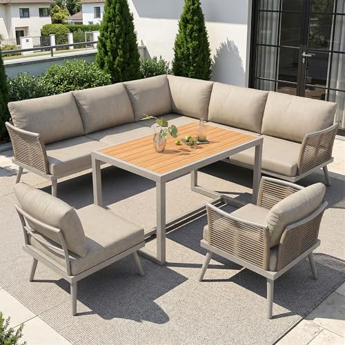 xixiworkshop Garten Lounge Set für 7 Personen, Gartensofa mit geflochtenen Armlehnen, Gartenmöbel Outdoor Sitzgruppe Freie Kombination, Wetterfest und UV-Beständig, Beige