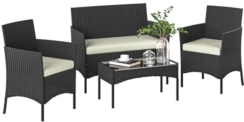 Outsunny Conjunto Jardín Exterior de Ratán con Cojines Negro y Crema | Conjunto Terraza, Resistente a la Intemperie, Muebles Jardín Exterior, 2 Sillones, Sofá de 2 Plazas, Mesa con Cristal