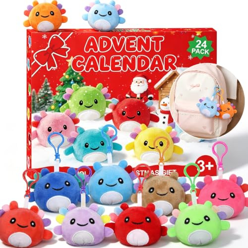 Axolotl Adventskalender 2026, 24 Mini Plüschtiere, 24 Farben | Schwarze Aufhängeöse, Weich, Countdown Weihnachtskalender, Für Mädchen Jungen, Geschenk für Axolotl Fans