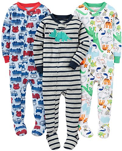 Simple Joys by Carter's Baby Jungen 3-Pack Snug Fit Footed Cotton Pajamas Pyjamaset, Blau Feuerwehrauto/Grau Streifen/Weiß Dinosaurier, 5 Jahre (3er Pack)