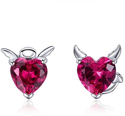 NewL Ohrstecker aus 925er-Sterlingsilber, Engel und Teufel, Rosa Zirkonia, Herz-Design für Damen, Schmuck