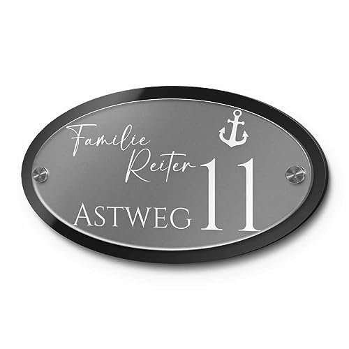 Hochwertiges Namensschild Hausnummer mit Gravur aus Acrylglas 25x14 cm mit über 80 Motiven Türschild für die Haustür mit Namen Haustürschild Familienschild Haus Garten
