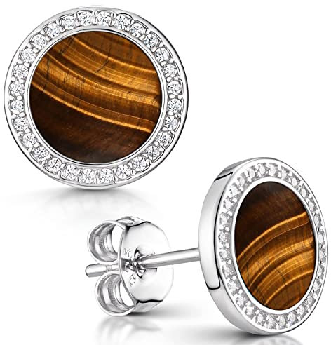 Materia Tigerauge Ohrringe Stecker rund - 925 Silber Ohrstecker Damen braun Glücksbringer Stein in Schmuck Box SO-394-Tiger