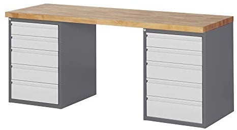 STIER Werkbank Premium, 10 Schubladen, 200x70x84cm, aus pulverbeschichtetem Stahl und Buchenholz, ideal für Montagearbeiten, robust und vielseitig in Werkstätten und Heimwerkerbereichen