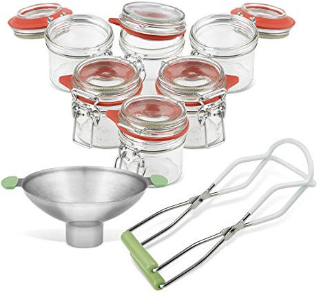 Dr. Oetker Einmachgläser mit Bügelverschluss 135 ml, Vorratsglas mit Trichter, Glasheber für luftdichte Marmeladengläser, vielseitiges Einweckglas (Farbe: Transparent/Rot/Grau), Menge: 1 x 8er Set