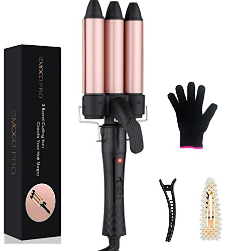 Rizador de Pelo 3 Barriles de 25MM, Plancha Ondas Pelo Profesional con Placas de Cerámica de Turmalina Temperatura Ajustable 100℃-230℃, Tenacilla de Pelo Moldeador de Pelo, Oro rosa